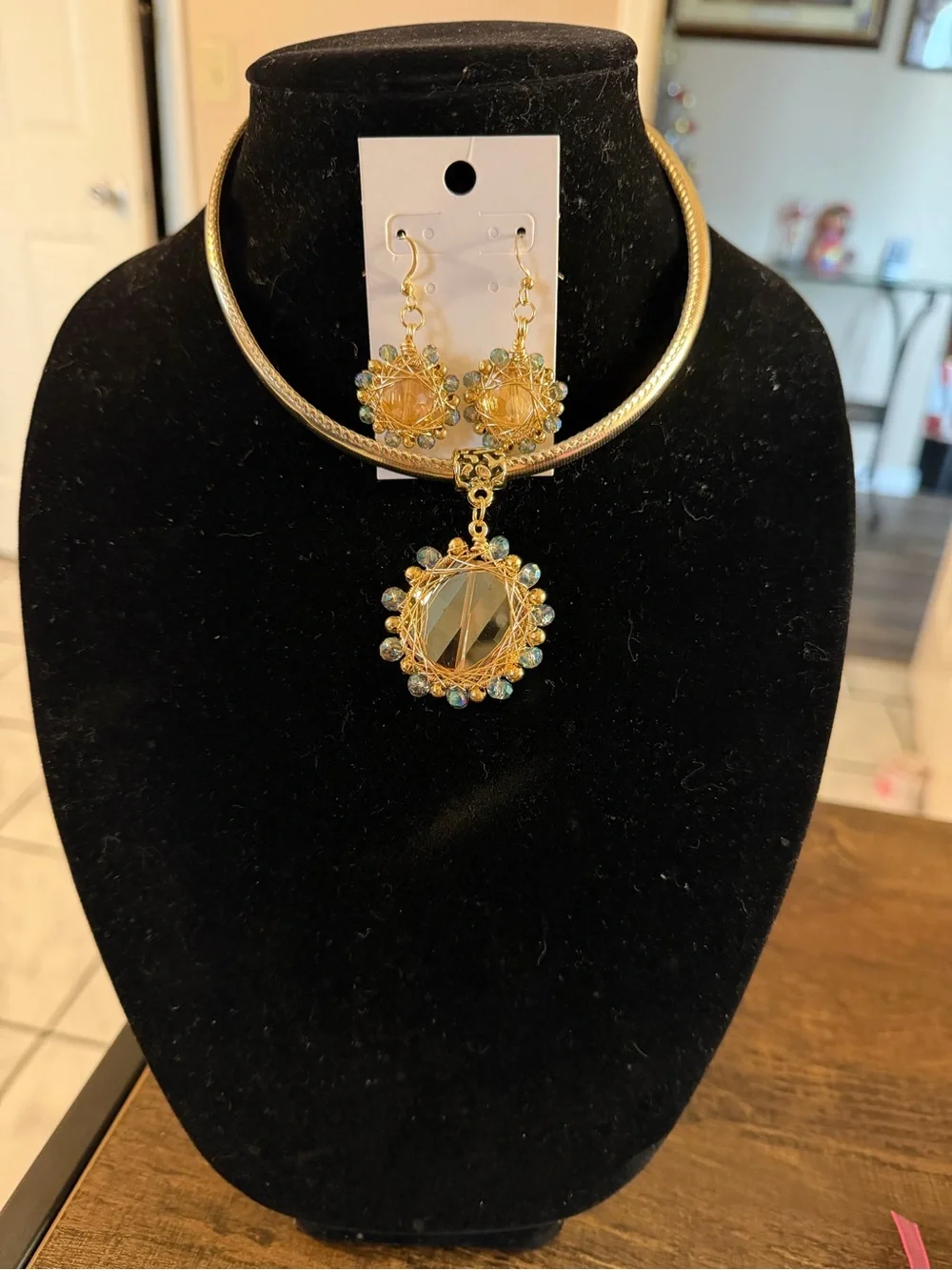 Gold-Tone Crystal Drop Necklace with Matching Earrings - Women's Jewelry